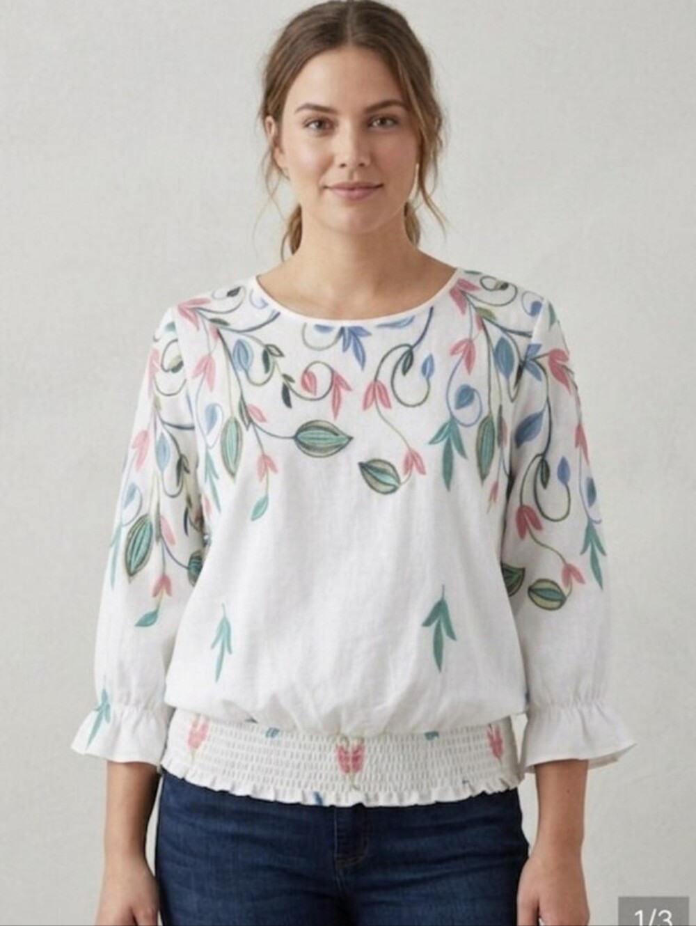 Sapphire Brand White Embroidered Floral Blouse Lightweight Women's Size L